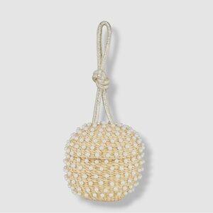 $279 Poolside Women's Beige Woven Straw Faux Pearl Disco Ball Wristlet Purse Bag
